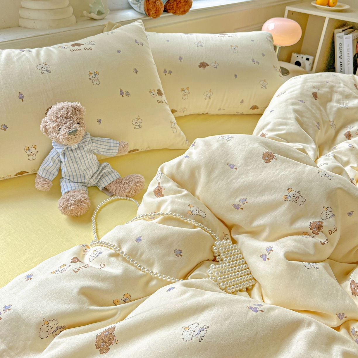 91家纺网 家纺一手货源 找家纺 一比一家纺 2025新款全棉双层纱四件套 奶萌狗