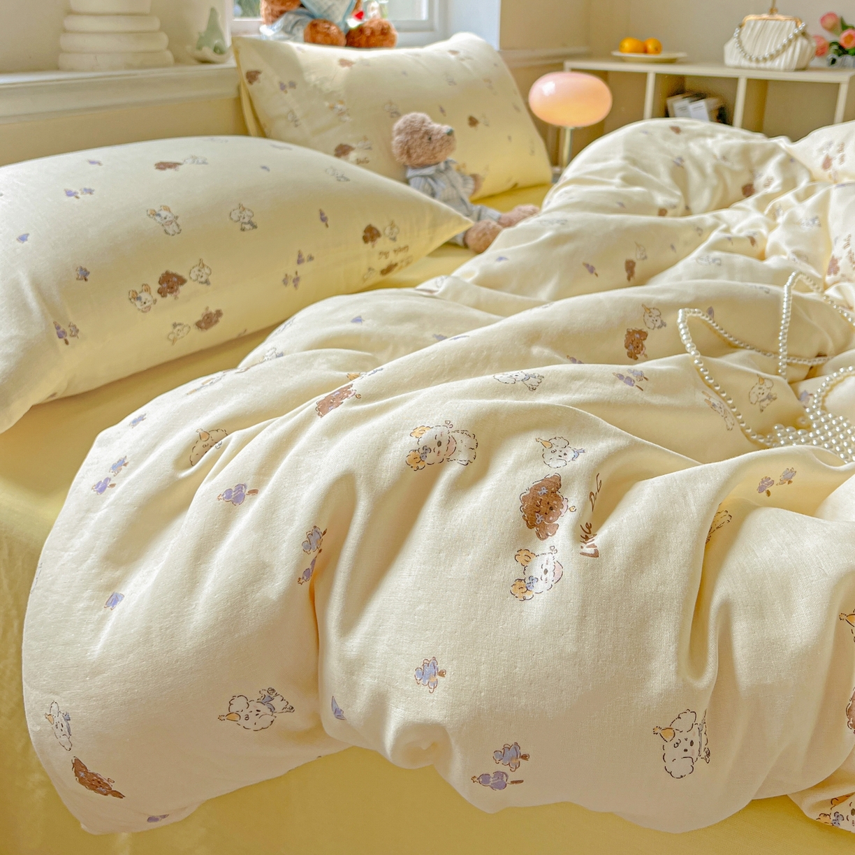 91家纺网 家纺一手货源 找家纺 一比一家纺 2025新款全棉双层纱四件套 奶萌狗