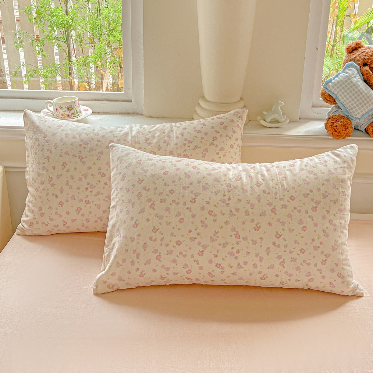 91家纺网 家纺一手货源 找家纺 一比一家纺 2025新款全棉双层纱四件套 桃之夭夭