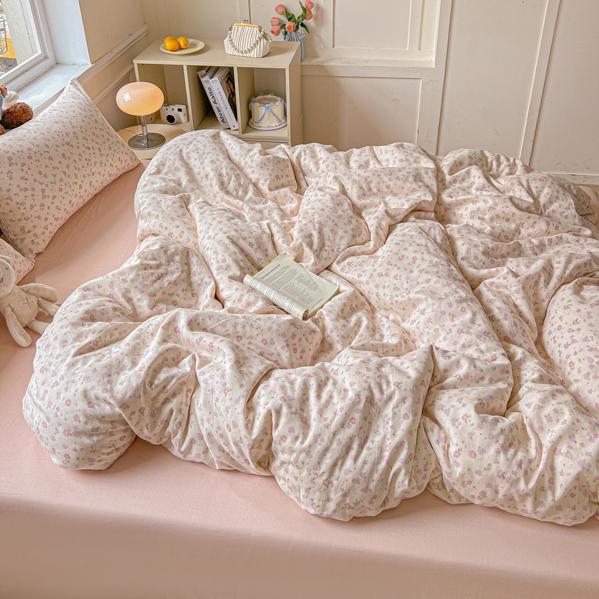 91家纺网 家纺一手货源 找家纺 一比一家纺 2025新款全棉双层纱四件套 桃之夭夭