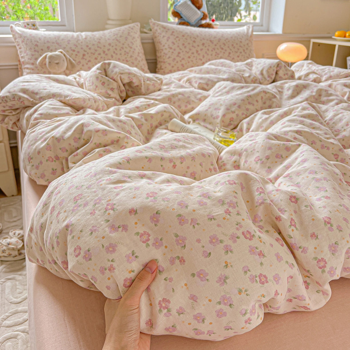 一比一家纺 2025新款全棉双层纱四件套 桃之夭夭