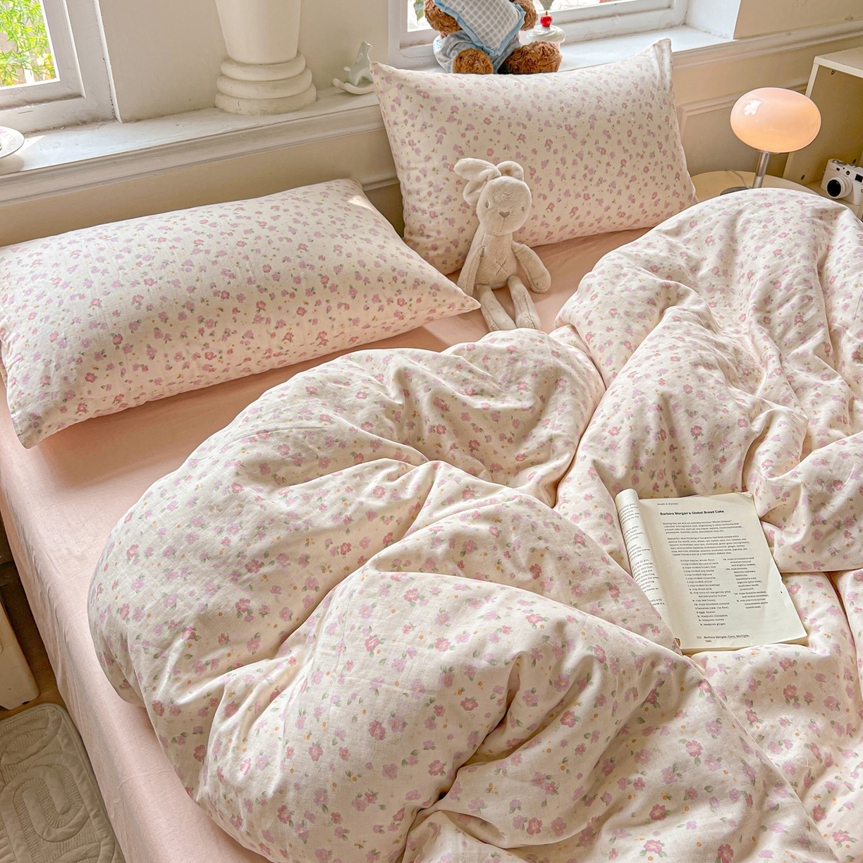 91家纺网 家纺一手货源 找家纺 一比一家纺 2025新款全棉双层纱四件套 桃之夭夭