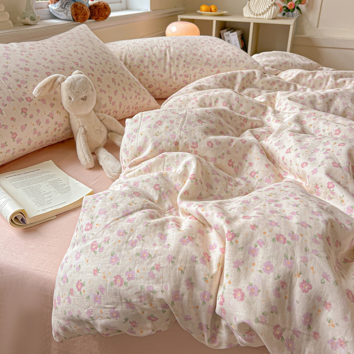 91家纺网 家纺一手货源 找家纺 一比一家纺 2025新款全棉双层纱四件套 桃之夭夭