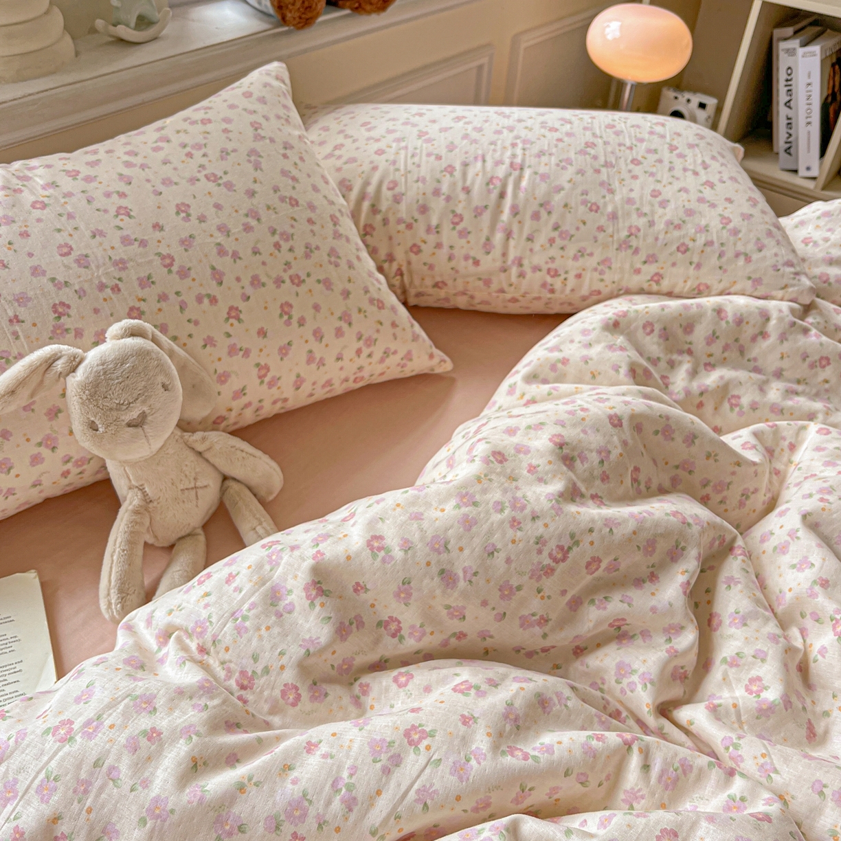 91家纺网 家纺一手货源 找家纺 一比一家纺 2025新款全棉双层纱四件套 桃之夭夭