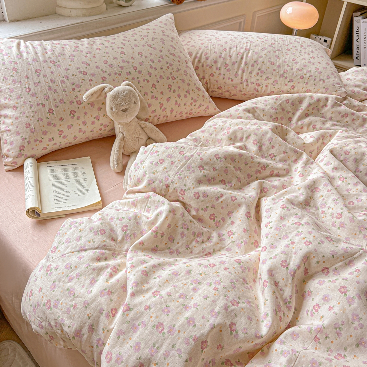 91家纺网 家纺一手货源 找家纺 一比一家纺 2025新款全棉双层纱四件套 桃之夭夭