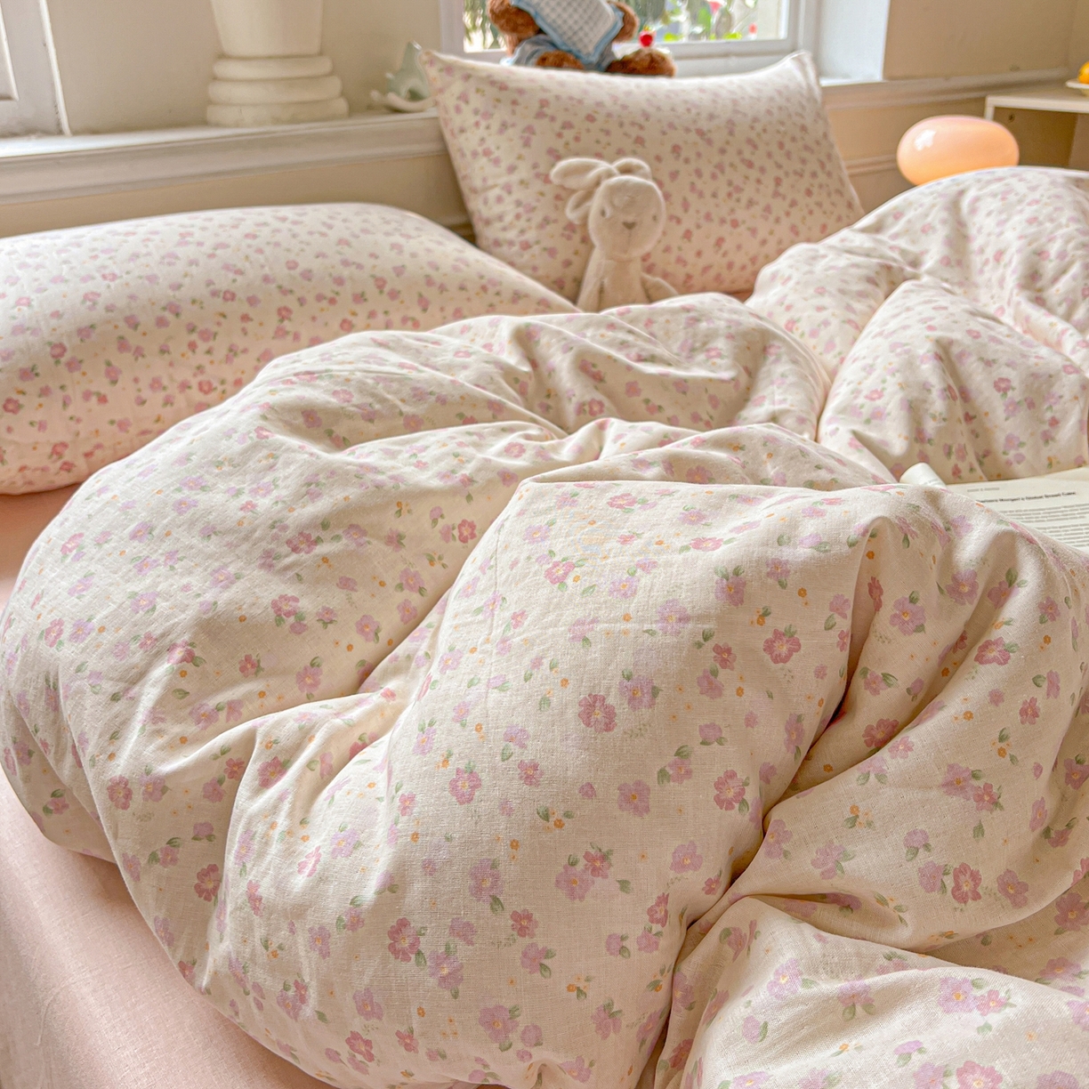 91家纺网 家纺一手货源 找家纺 一比一家纺 2025新款全棉双层纱四件套 桃之夭夭