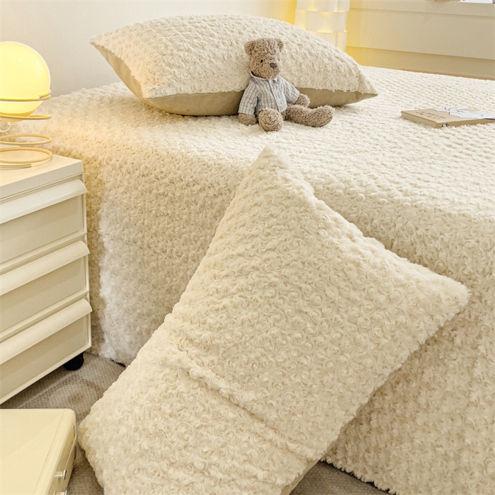 91家纺网 家纺一手货源 找家纺 名兮家居 2025新款立体加厚仿兔绒床单床笠单件 玫瑰-白