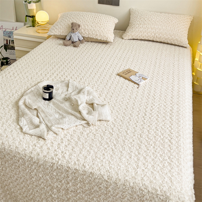 91家纺网 家纺一手货源 找家纺 名兮家居 2025新款立体加厚仿兔绒床单床笠单件 玫瑰-白