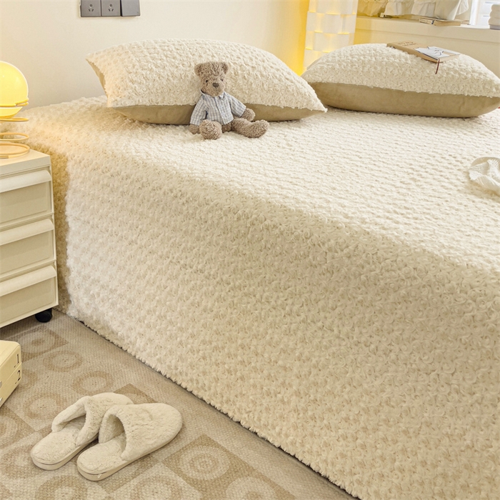 91家纺网 家纺一手货源 找家纺 名兮家居 2025新款立体加厚仿兔绒床单床笠单件 玫瑰-白