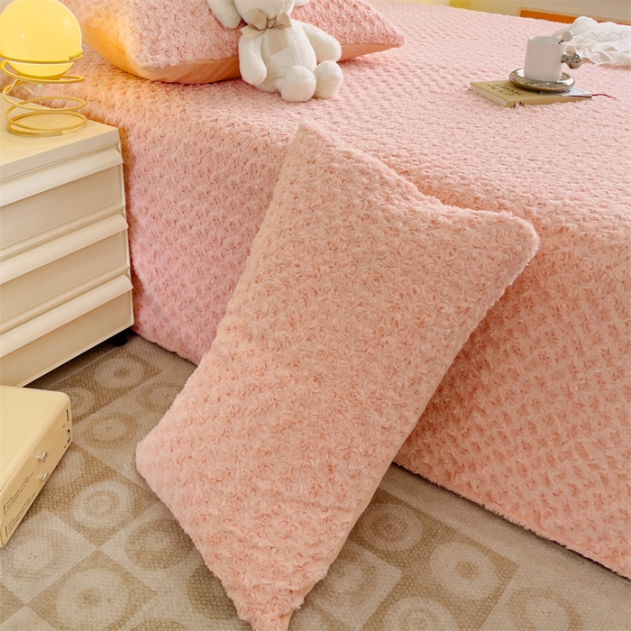 91家纺网 家纺一手货源 找家纺 名兮家居 2025新款立体加厚仿兔绒床单床笠单件 玫瑰-粉