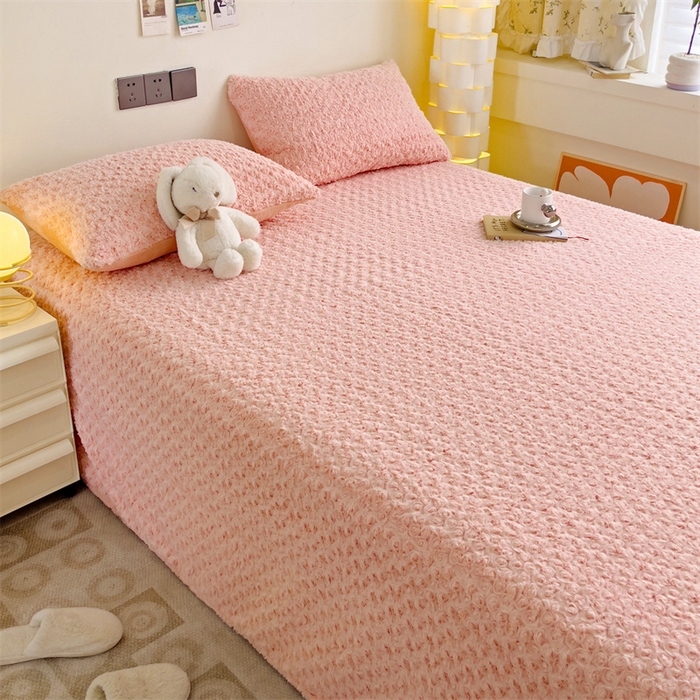 91家纺网 家纺一手货源 找家纺 名兮家居 2025新款立体加厚仿兔绒床单床笠单件 玫瑰-粉