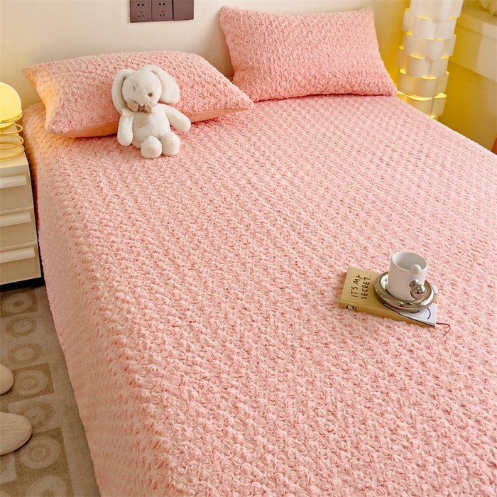 91家纺网 家纺一手货源 找家纺 名兮家居 2025新款立体加厚仿兔绒床单床笠单件 玫瑰-粉