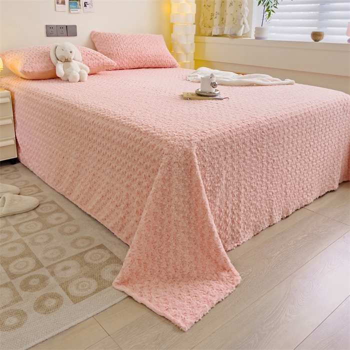 91家纺网 家纺一手货源 找家纺 名兮家居 2025新款立体加厚仿兔绒床单床笠单件 玫瑰-粉