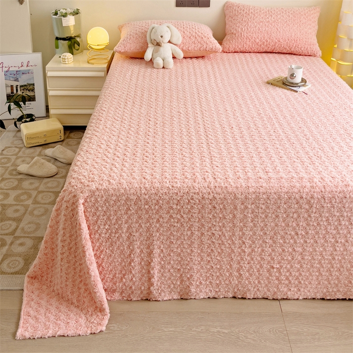 91家纺网 家纺一手货源 找家纺 名兮家居 2025新款立体加厚仿兔绒床单床笠单件 玫瑰-粉