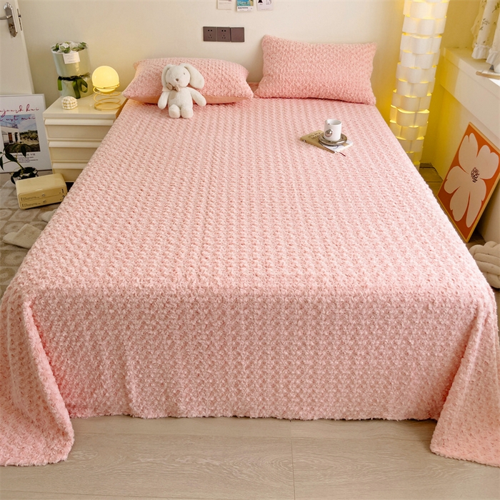 91家纺网 家纺一手货源 找家纺 名兮家居 2025新款立体加厚仿兔绒床单床笠单件 玫瑰-粉