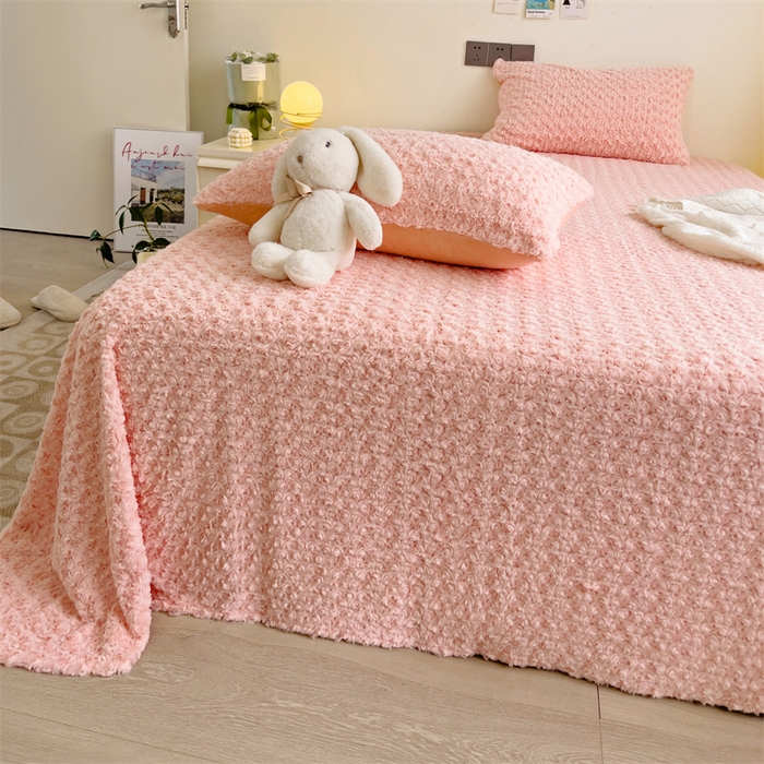 91家纺网 家纺一手货源 找家纺 名兮家居 2025新款立体加厚仿兔绒床单床笠单件 玫瑰-粉