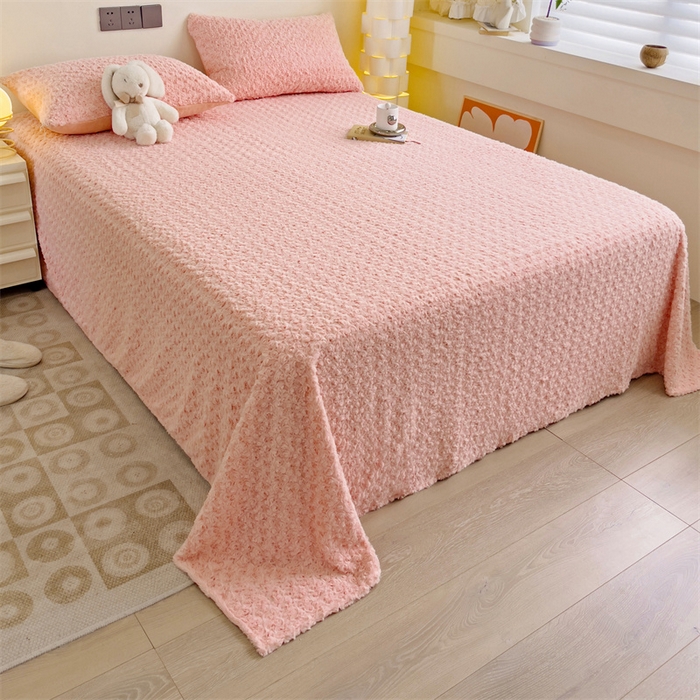 91家纺网 家纺一手货源 找家纺 名兮家居 2025新款立体加厚仿兔绒床单床笠单件 玫瑰-粉