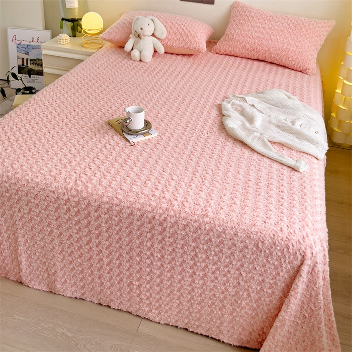91家纺网 家纺一手货源 找家纺 名兮家居 2025新款立体加厚仿兔绒床单床笠单件 玫瑰-粉