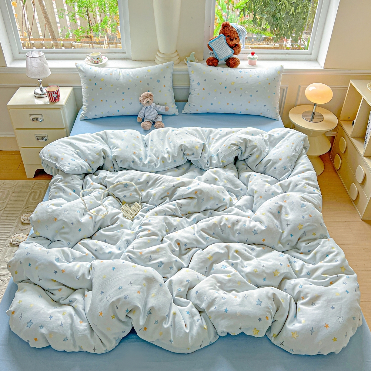 91家纺网 家纺一手货源 找家纺 一比一家纺 2025新款全棉双层纱四件套 星星世界