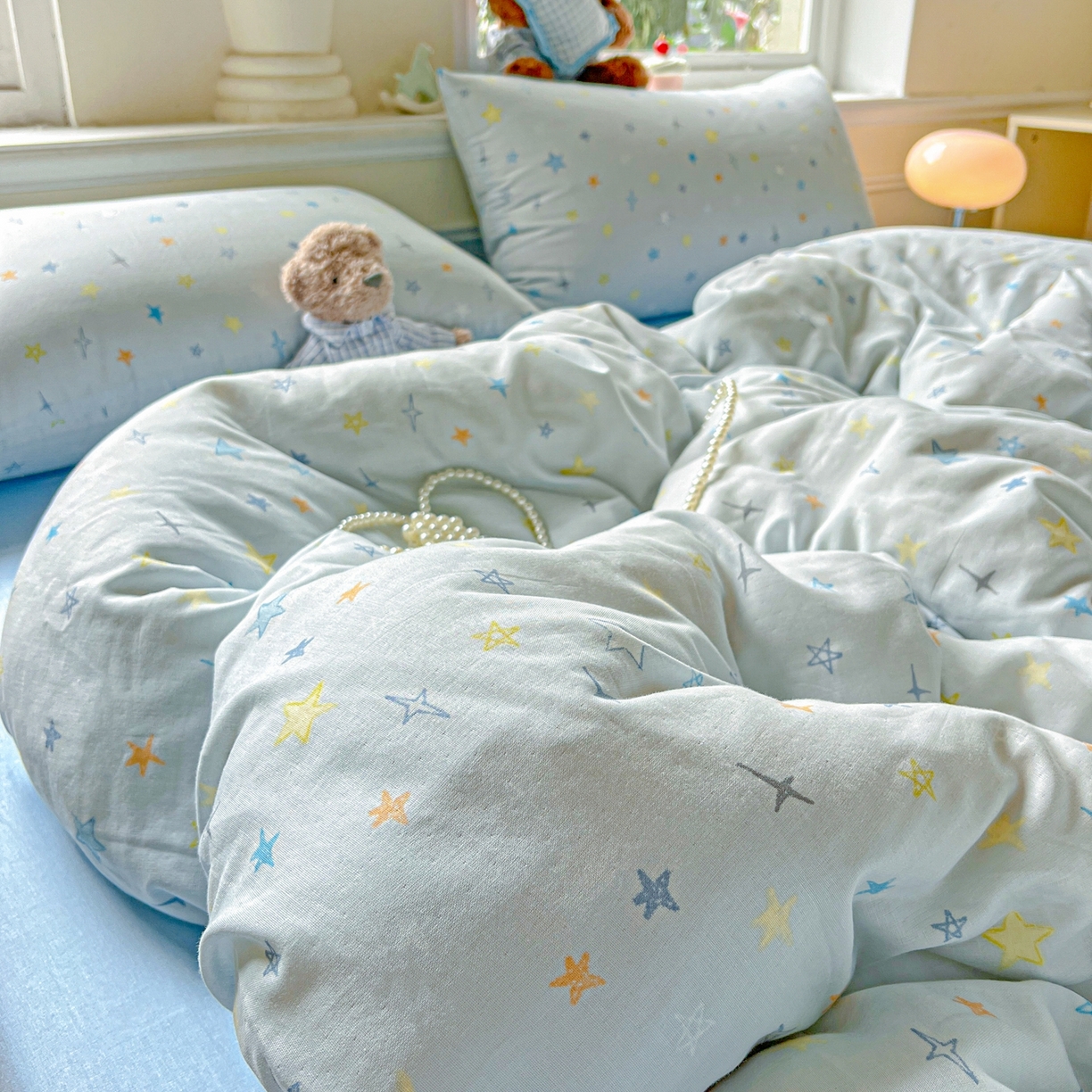 91家纺网 家纺一手货源 找家纺 一比一家纺 2025新款全棉双层纱四件套 星星世界