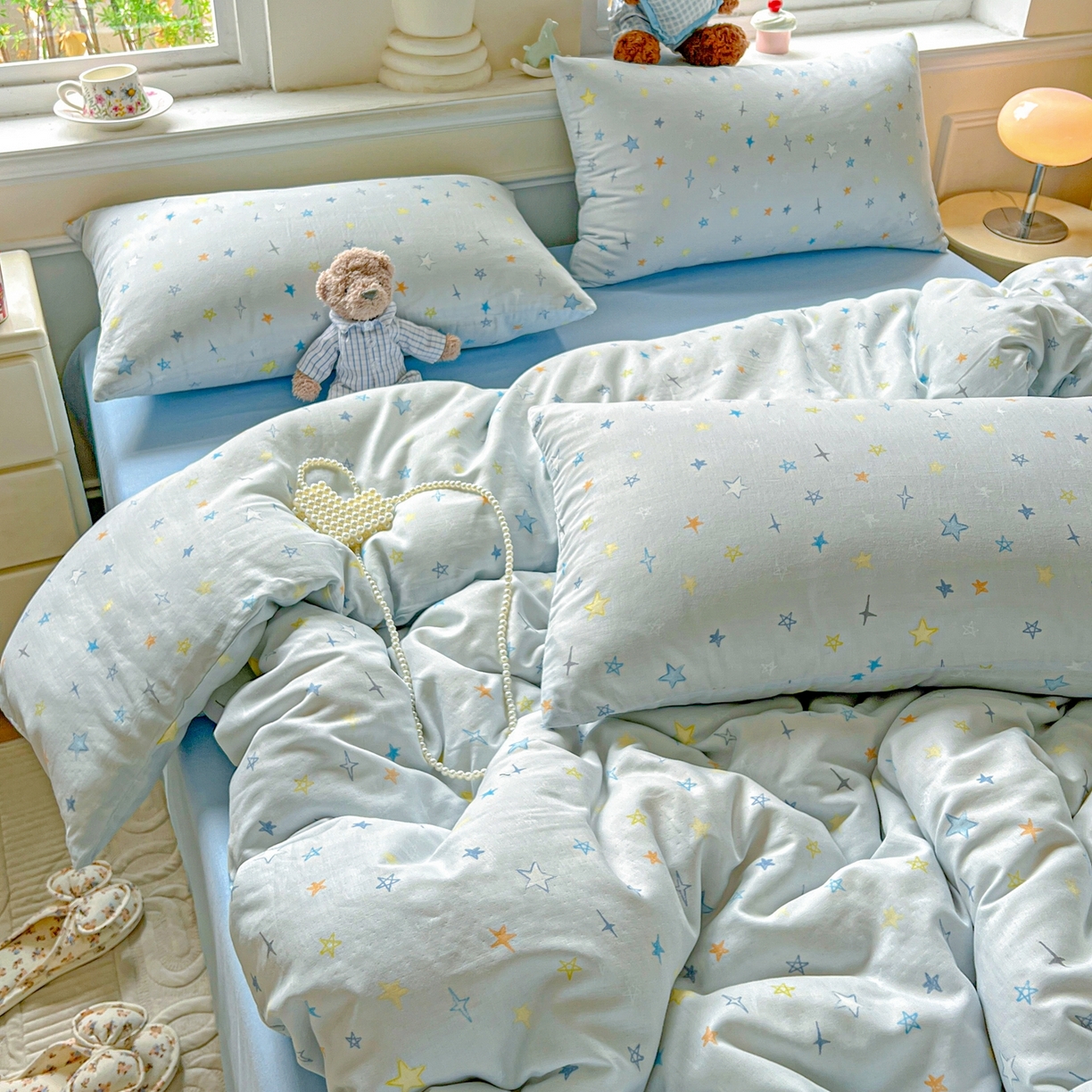 91家纺网 家纺一手货源 找家纺 一比一家纺 2025新款全棉双层纱四件套 星星世界