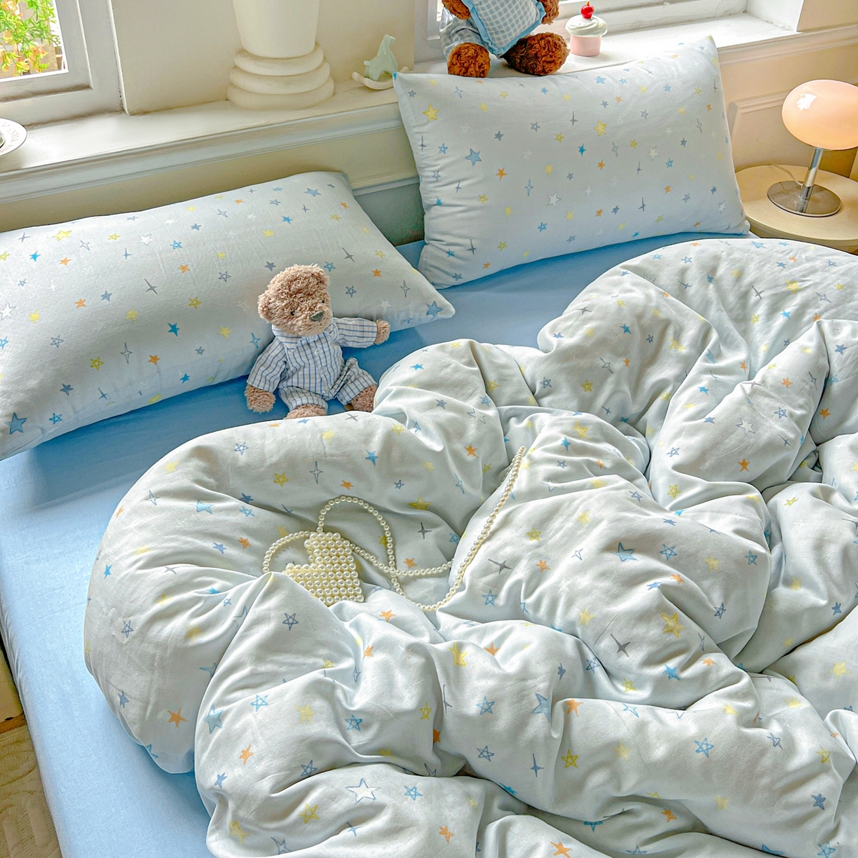 91家纺网 家纺一手货源 找家纺 一比一家纺 2025新款全棉双层纱四件套 星星世界