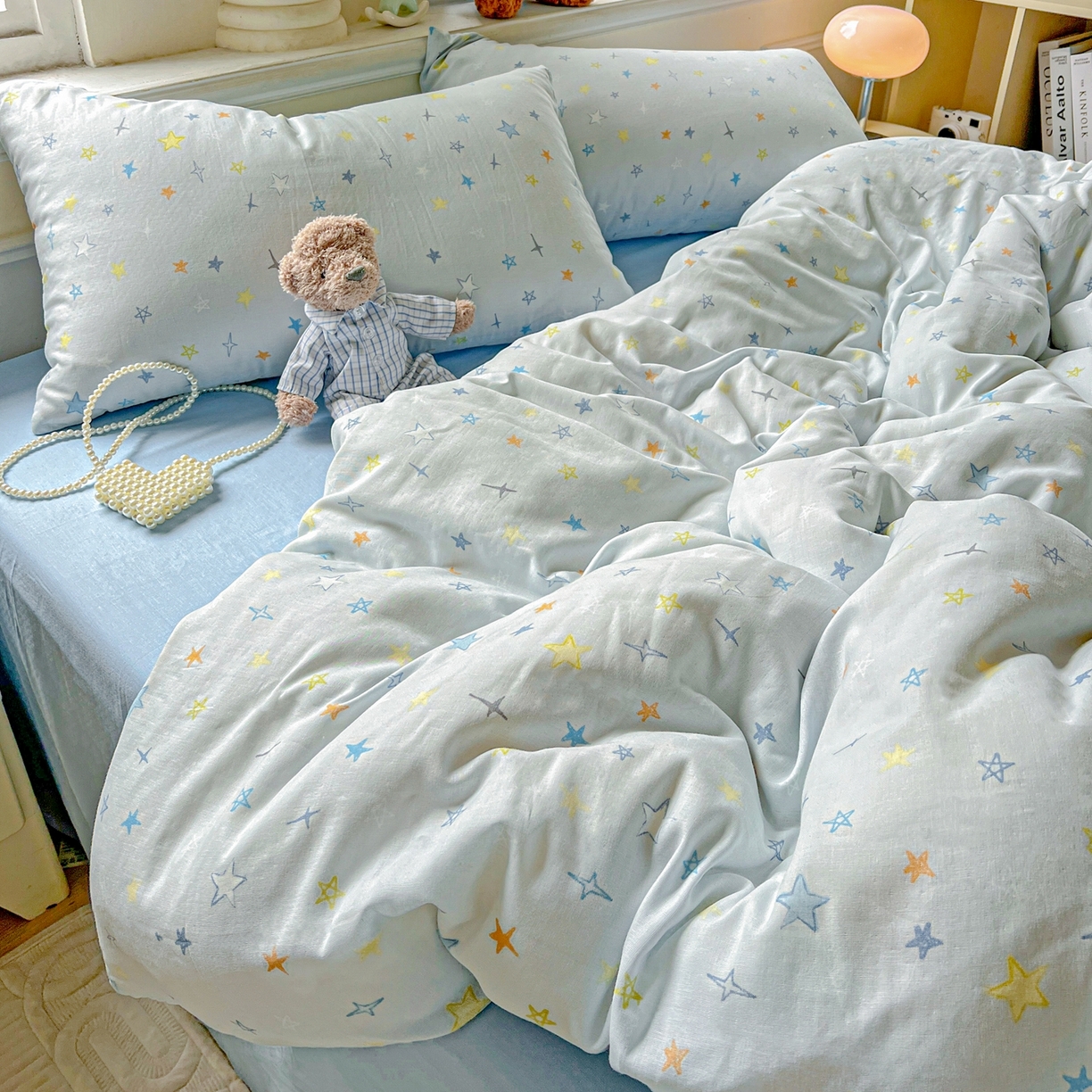 91家纺网 家纺一手货源 找家纺 一比一家纺 2025新款全棉双层纱四件套 星星世界