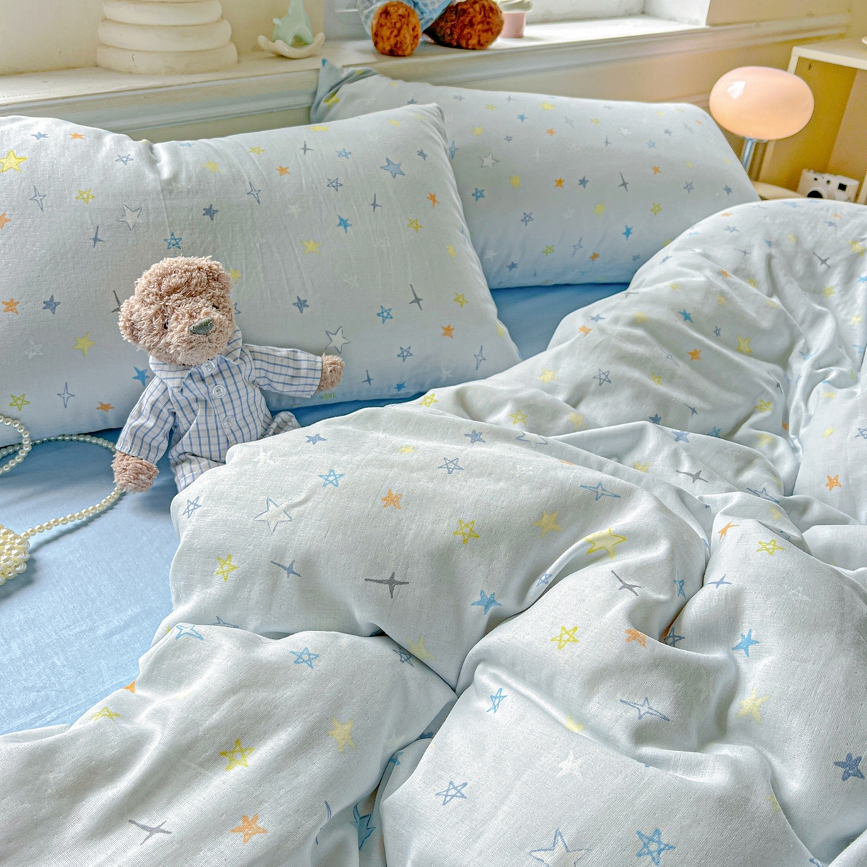 91家纺网 家纺一手货源 找家纺 一比一家纺 2025新款全棉双层纱四件套 星星世界