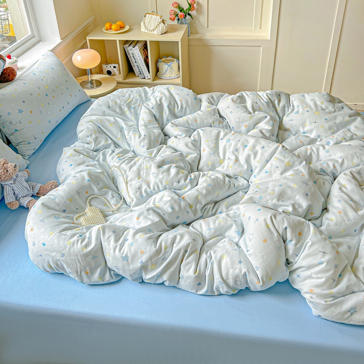 91家纺网 家纺一手货源 找家纺 一比一家纺 2025新款全棉双层纱四件套 星星世界