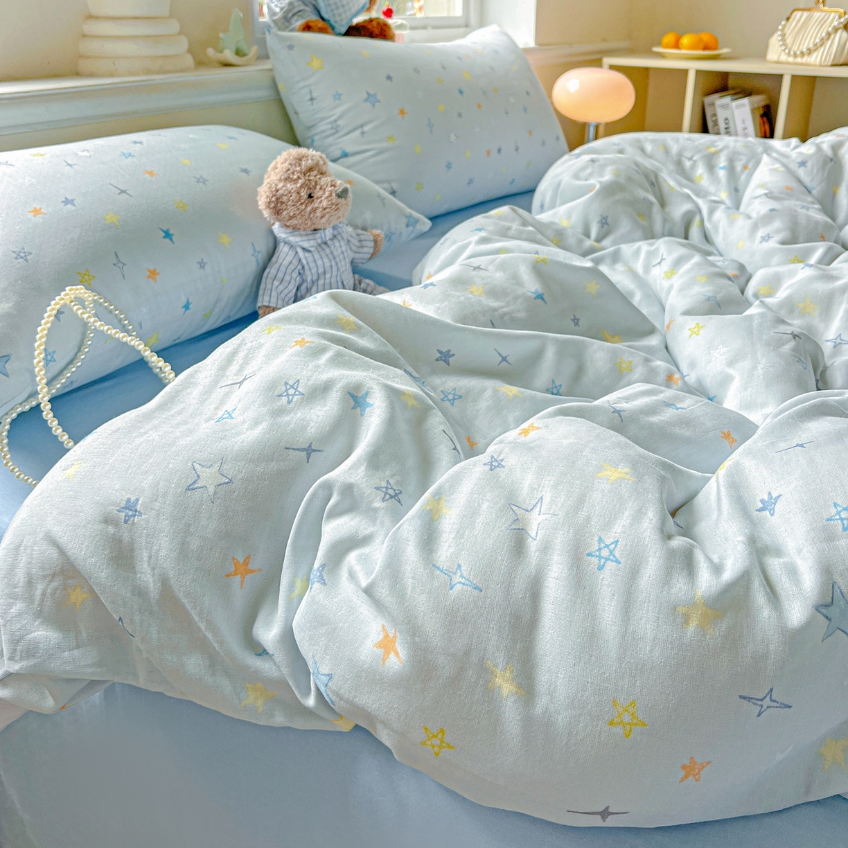 91家纺网 家纺一手货源 找家纺 一比一家纺 2025新款全棉双层纱四件套 星星世界