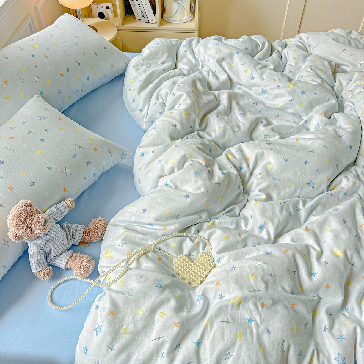 91家纺网 家纺一手货源 找家纺 一比一家纺 2025新款全棉双层纱四件套 星星世界