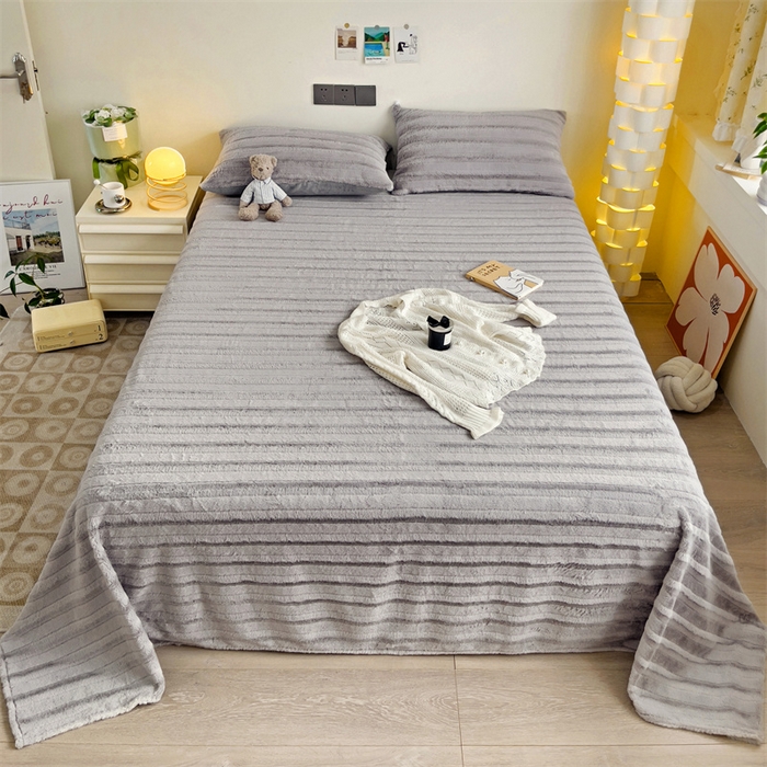 名兮家居 2025新款立体加厚仿兔绒床单床笠单件 条纹-灰