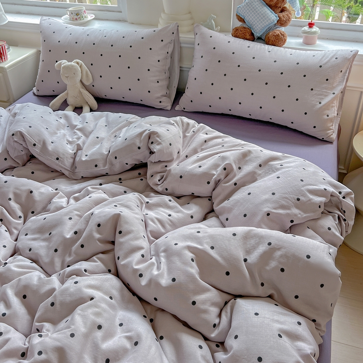 91家纺网 家纺一手货源 找家纺 一比一家纺 2025新款全棉双层纱四件套 芋泥啵啵