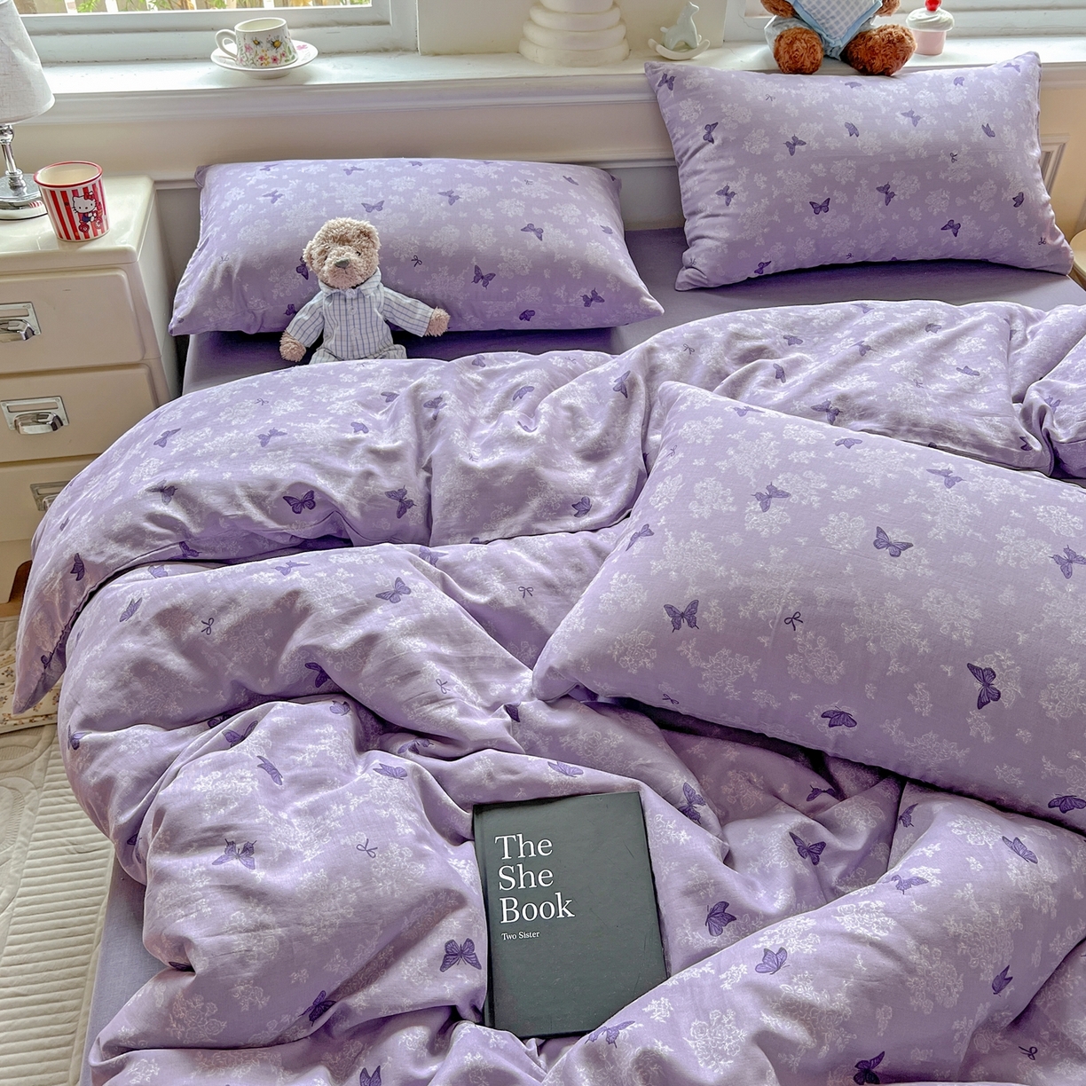 91家纺网 家纺一手货源 找家纺 一比一家纺 2025新款全棉双层纱四件套 紫色幻蝶