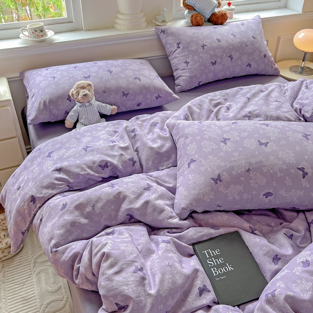 91家纺网 家纺一手货源 找家纺 一比一家纺 2025新款全棉双层纱四件套 紫色幻蝶