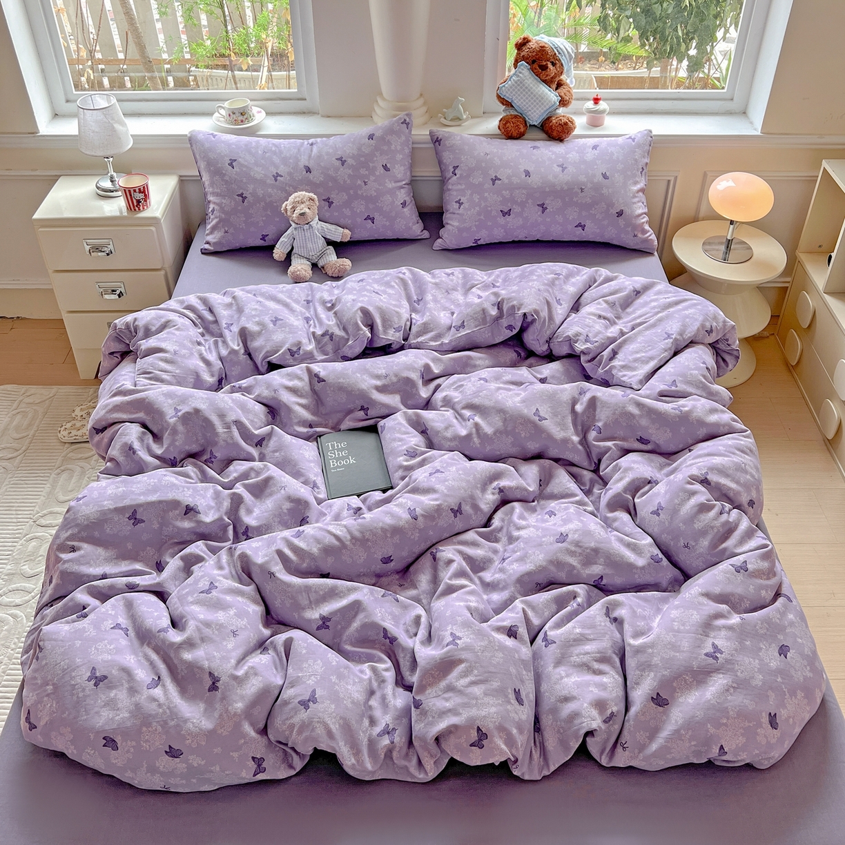 91家纺网 家纺一手货源 找家纺 一比一家纺 2025新款全棉双层纱四件套 紫色幻蝶