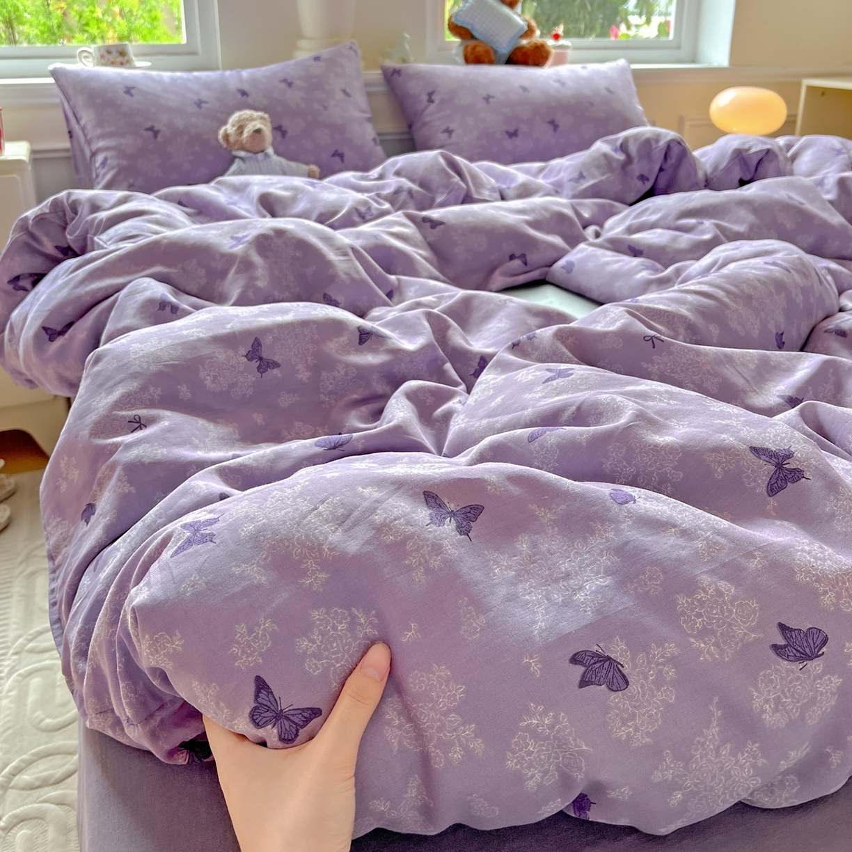 一比一家纺 2025新款全棉双层纱四件套 紫色幻蝶
