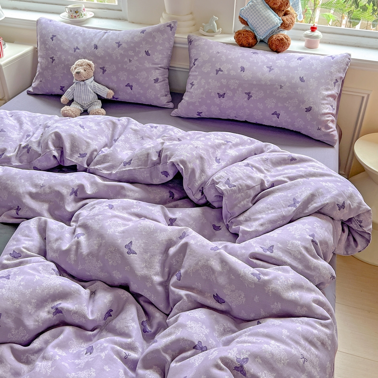 91家纺网 家纺一手货源 找家纺 一比一家纺 2025新款全棉双层纱四件套 紫色幻蝶