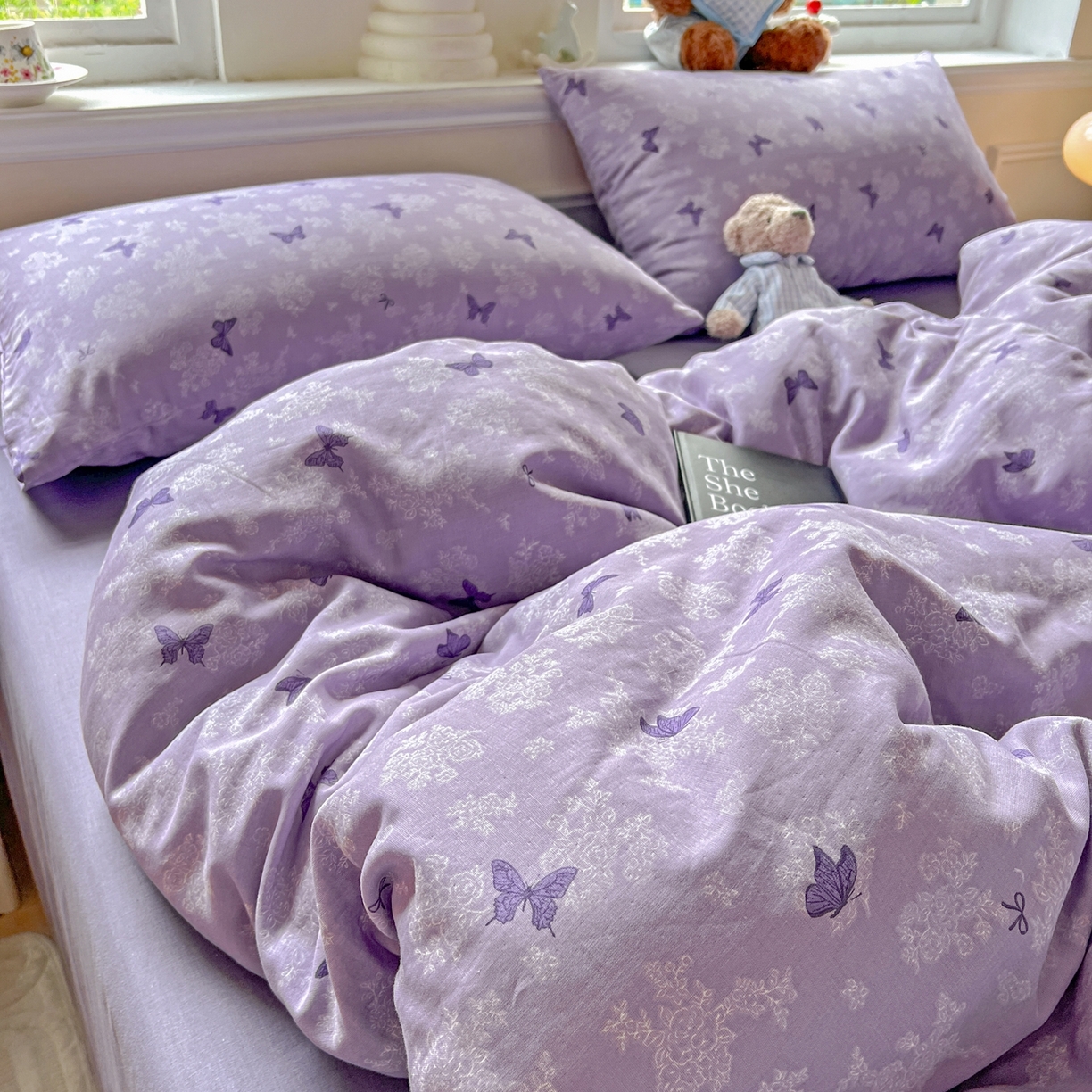 91家纺网 家纺一手货源 找家纺 一比一家纺 2025新款全棉双层纱四件套 紫色幻蝶