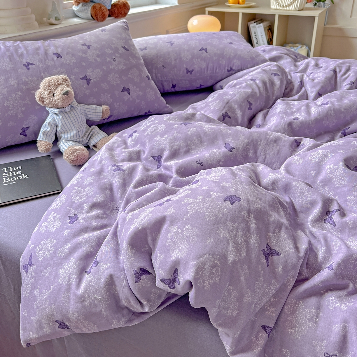 91家纺网 家纺一手货源 找家纺 一比一家纺 2025新款全棉双层纱四件套 紫色幻蝶