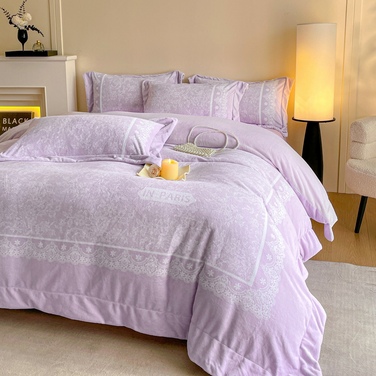 91家纺网 家纺一手货源 找家纺 新方向 2025新款高克重240克A类全消光数码印花牛奶绒四件套-恋语 恋语-魅紫