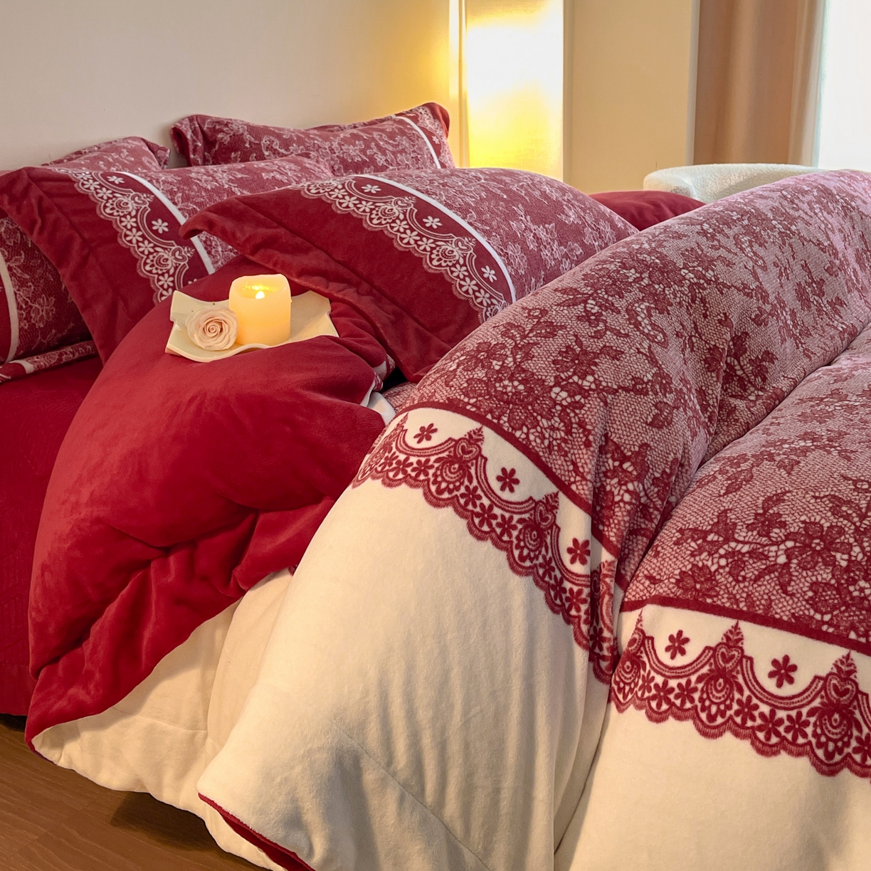 新方向 2025新款高克重240克A类全消光数码印花牛奶绒四件套-恋语 恋语-洋酒红