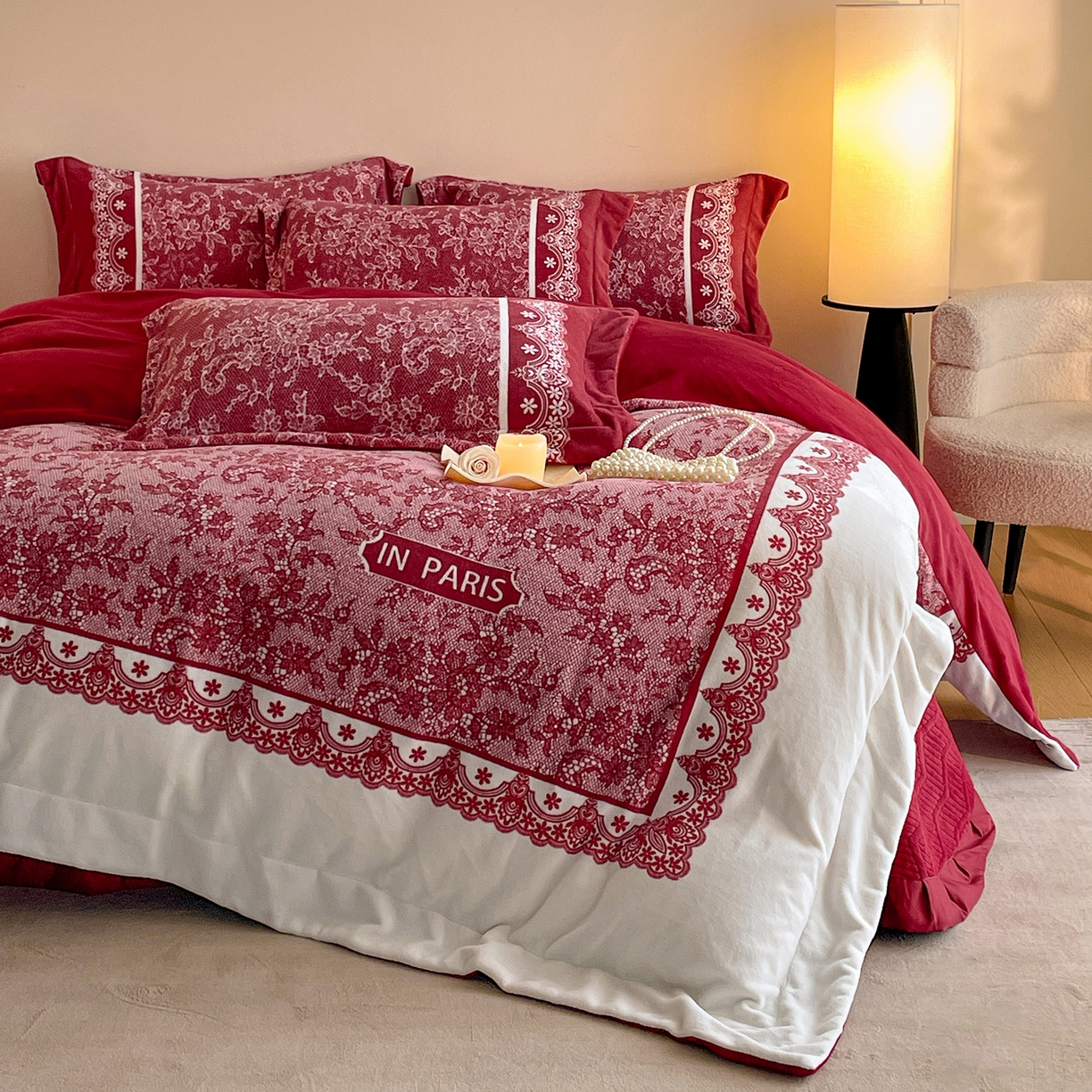 91家纺网 家纺一手货源 找家纺 新方向 2025新款高克重240克A类全消光数码印花牛奶绒四件套-恋语 恋语-洋酒红