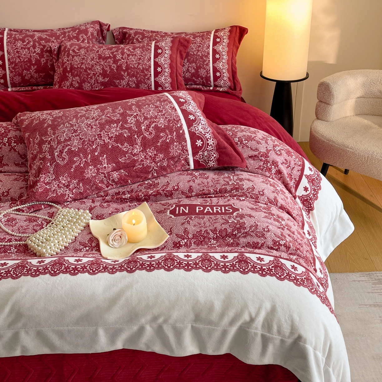 91家纺网 家纺一手货源 找家纺 新方向 2025新款高克重240克A类全消光数码印花牛奶绒四件套-恋语 恋语-洋酒红