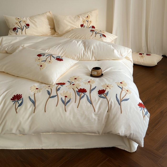 91家纺网 家纺一手货源 找家纺 （总）简纯主义 2025新款全棉纯棉磨毛毛巾绣四件套-塞纳花予