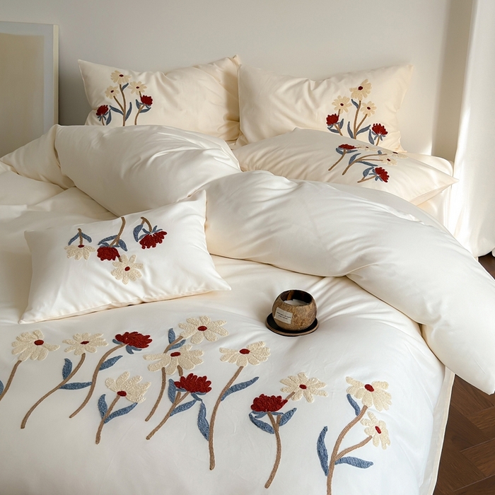 91家纺网 家纺一手货源 找家纺 （总）简纯主义 2025新款全棉纯棉磨毛毛巾绣四件套-塞纳花予