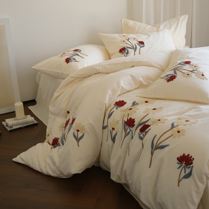 91家纺网 家纺一手货源 找家纺 （总）简纯主义 2025新款全棉纯棉磨毛毛巾绣四件套-塞纳花予