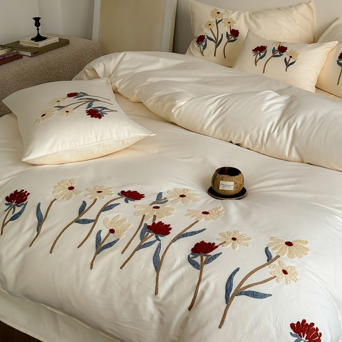 91家纺网 家纺一手货源 找家纺 （总）简纯主义 2025新款全棉纯棉磨毛毛巾绣四件套-塞纳花予