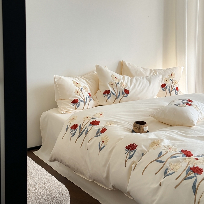 91家纺网 家纺一手货源 找家纺 （总）简纯主义 2025新款全棉纯棉磨毛毛巾绣四件套-塞纳花予