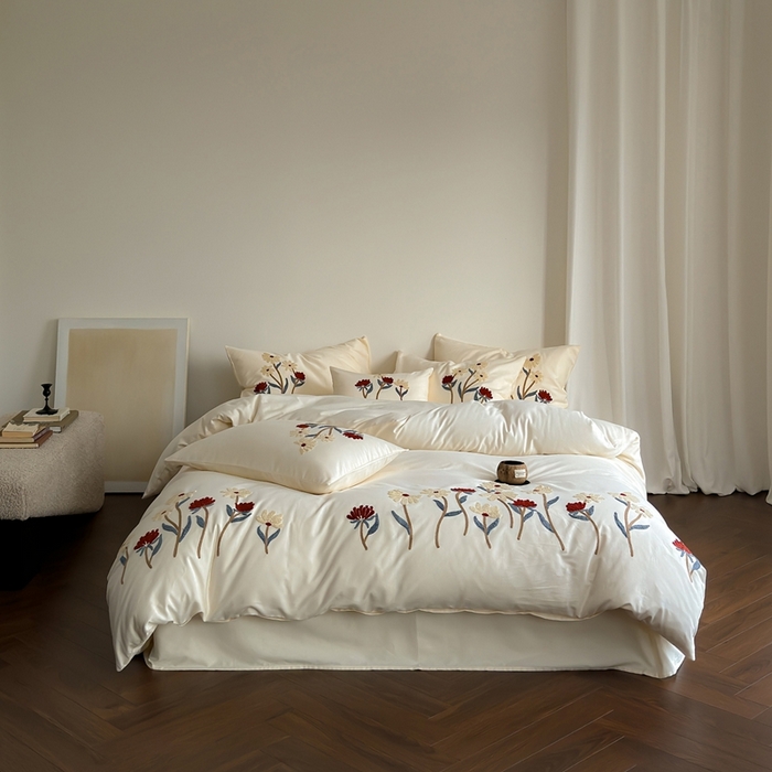 91家纺网 家纺一手货源 找家纺 （总）简纯主义 2025新款全棉纯棉磨毛毛巾绣四件套-塞纳花予